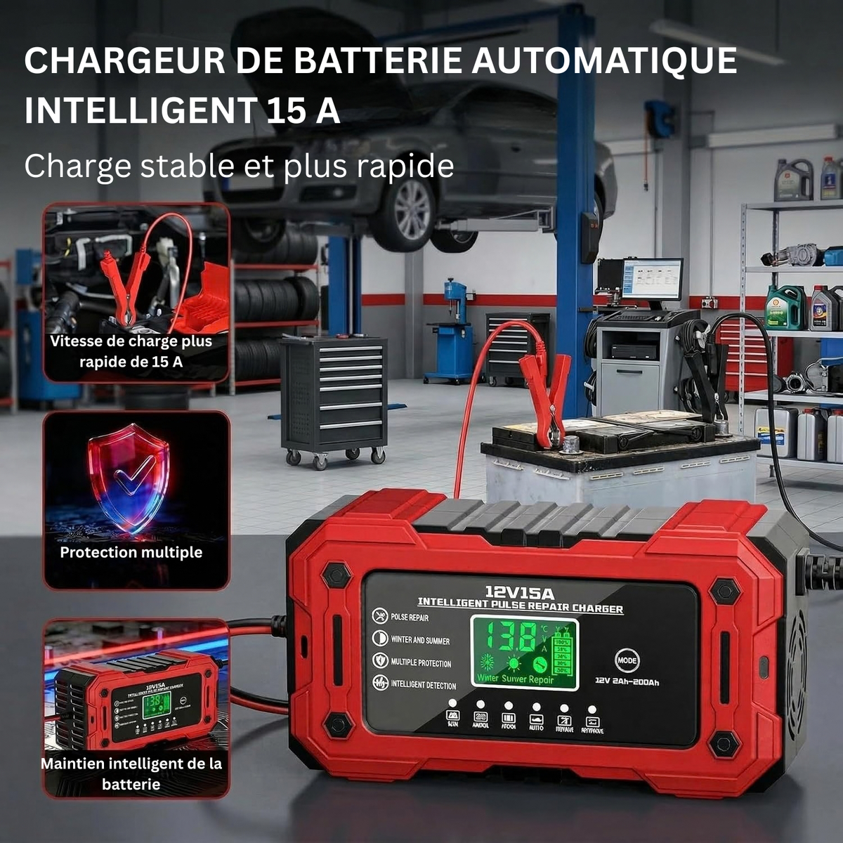 Chargeur Intelligent de Batterie pour Voiture, Entièrement Automatique avec Mode Entretien