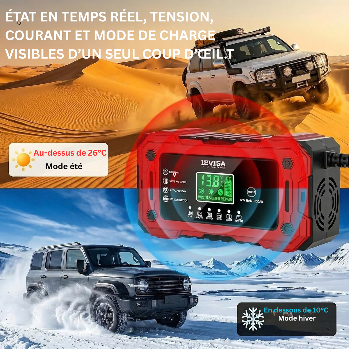 Chargeur Intelligent de Batterie pour Voiture, Entièrement Automatique avec Mode Entretien