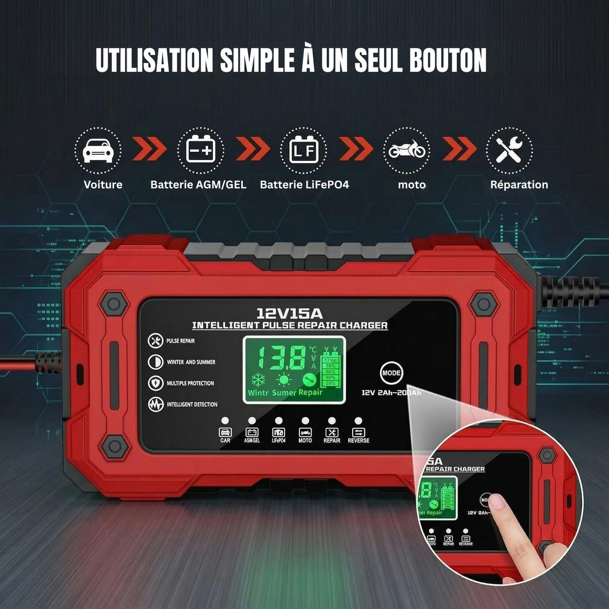 Chargeur Intelligent de Batterie pour Voiture, Entièrement Automatique avec Mode Entretien