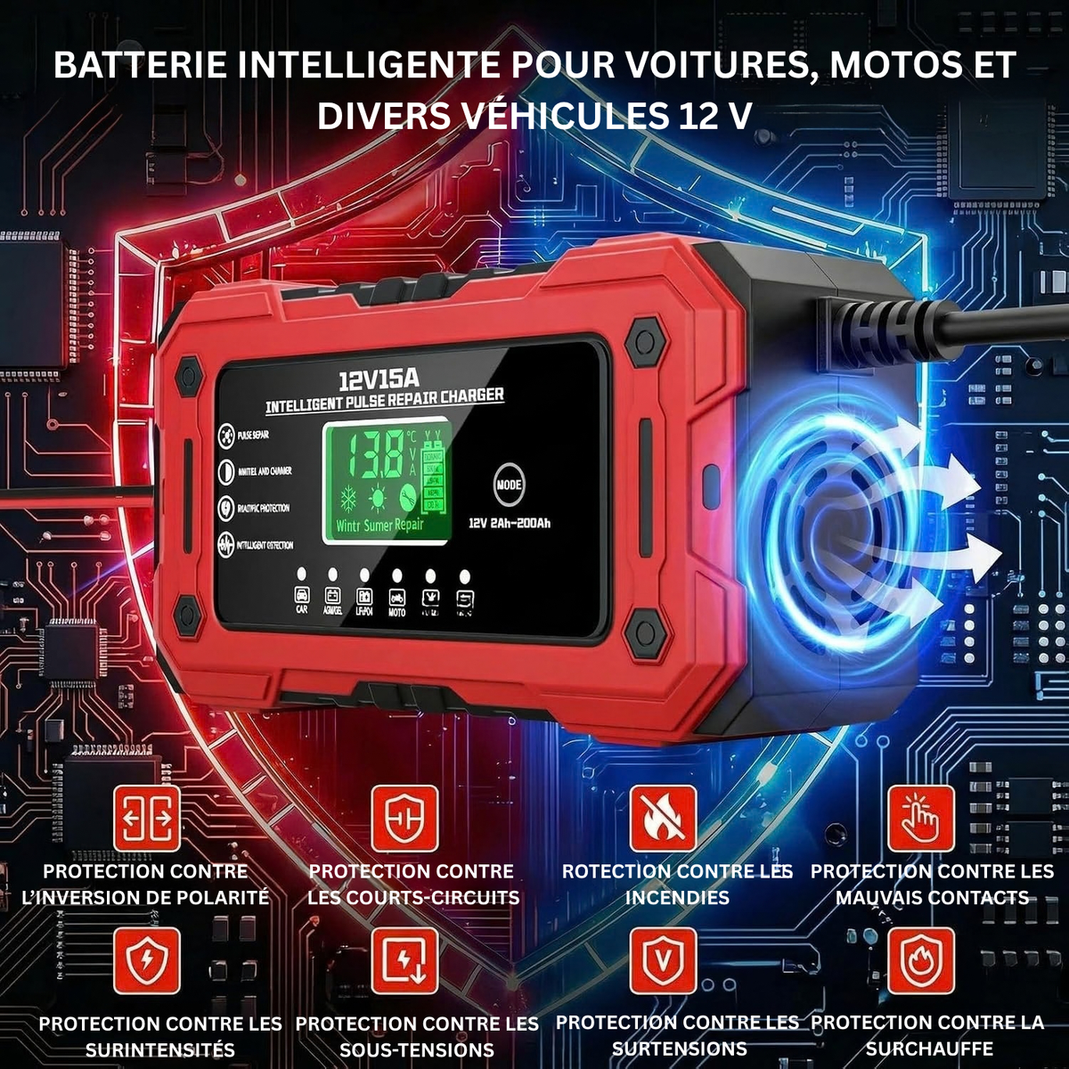 Chargeur Intelligent de Batterie pour Voiture, Entièrement Automatique avec Mode Entretien