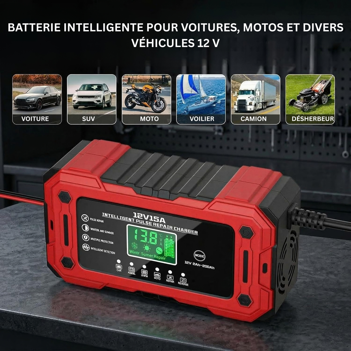 Chargeur Intelligent de Batterie pour Voiture, Entièrement Automatique avec Mode Entretien