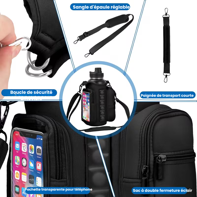 Sac à bandoulière magnétique avec porte-bouteille et poche pour téléphone tactile