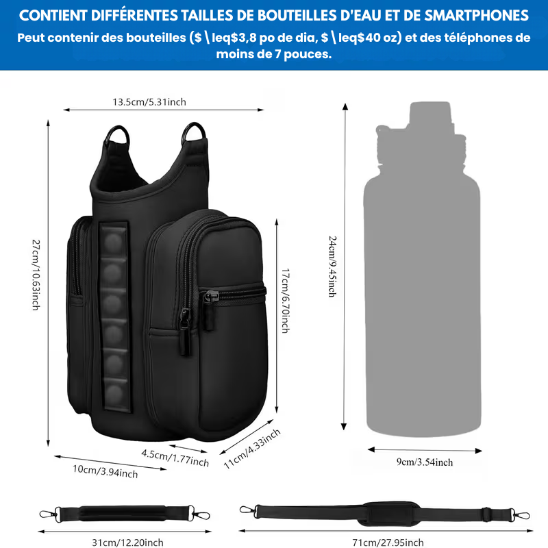Sac à bandoulière magnétique avec porte-bouteille et poche pour téléphone tactile