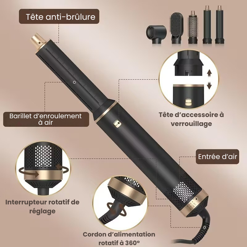 Brosse coiffante 5-en-1 à air chaud et fer à boucler avec arrêt automatique